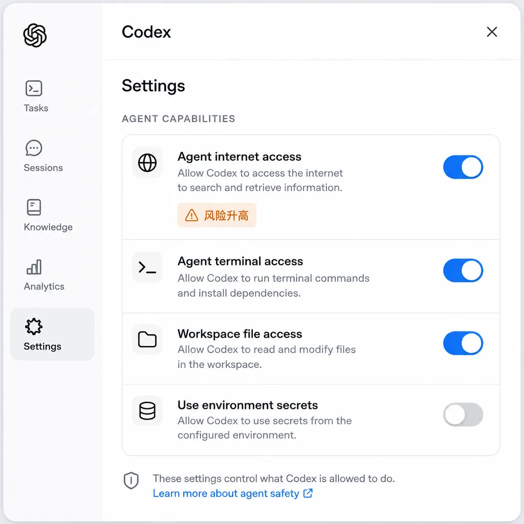 “Agent internet access” toggle in Codex settings panel, with “Elevated Risk” warning label