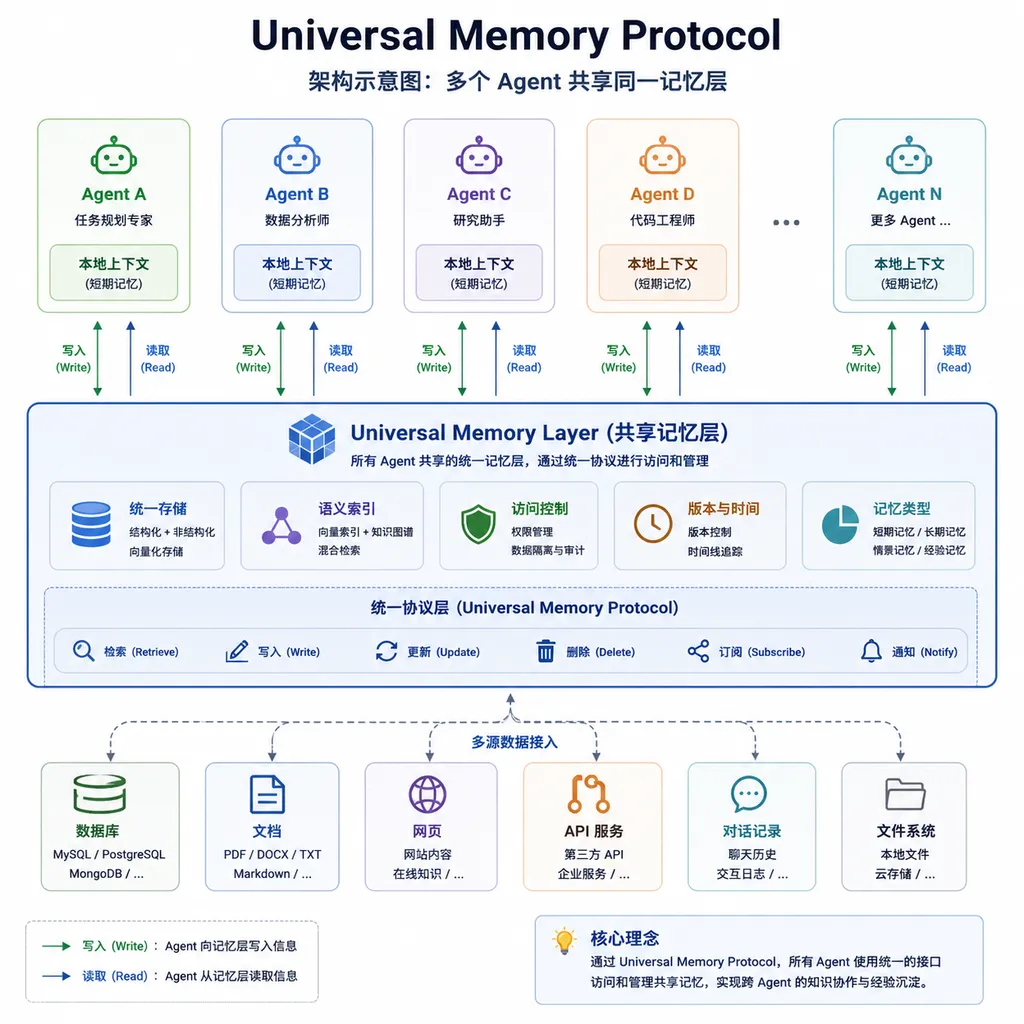 Universal Memory Protocol architecture diagram showing multiple Agents sharing the same memory layer