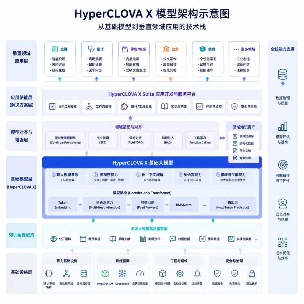 HyperCLOVA X模型架构示意图,展示从基础模型到垂直领域应用的技术栈