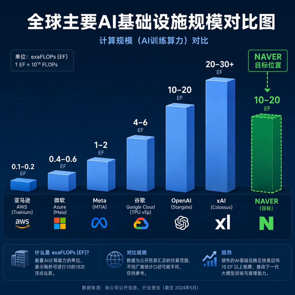 全球主要AI基础设施规模对比图,标注NAVER的目标位置
