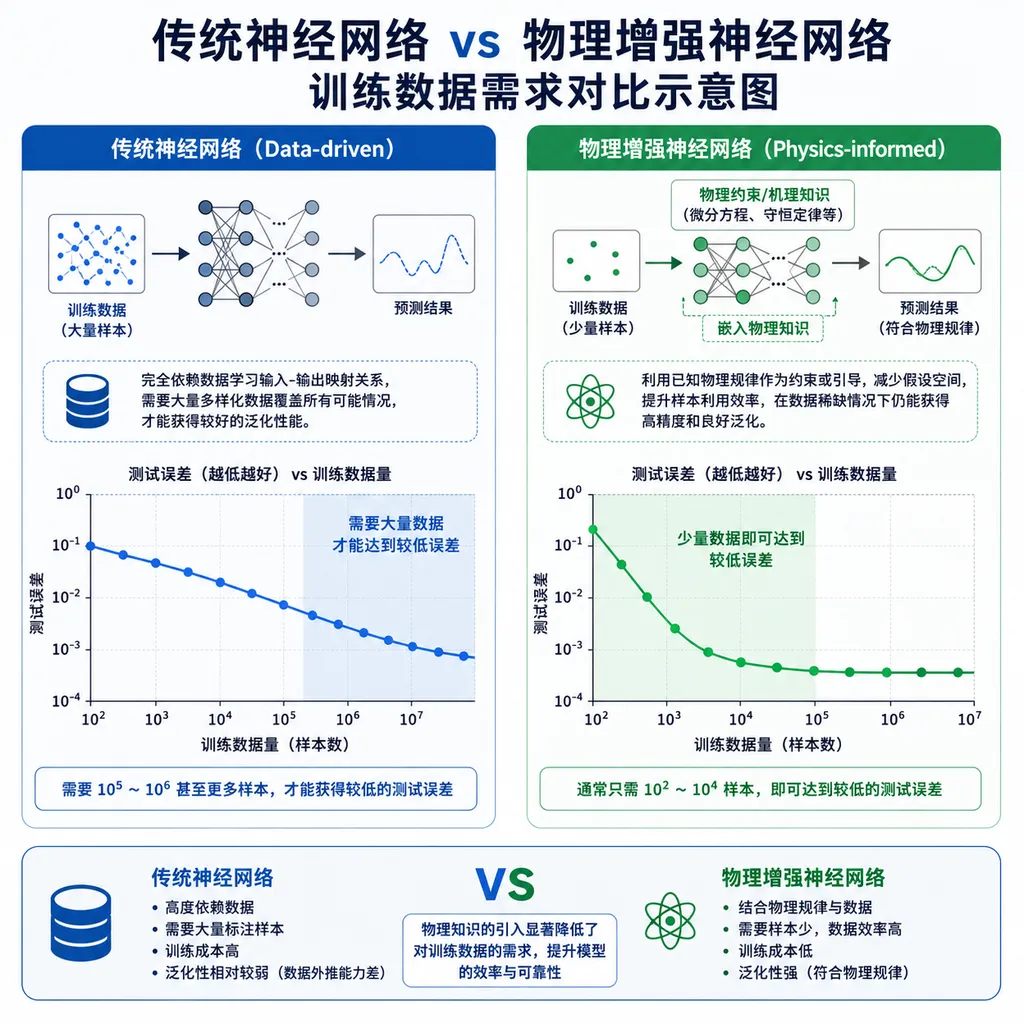 传统神经网络 vs 物理增强神经网络的训练数据需求对比示意图