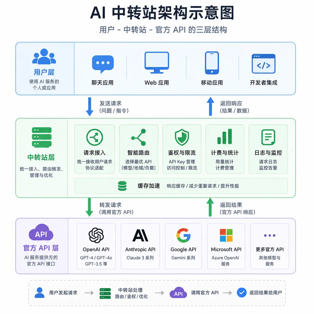 AI 中转站架构示意图,展示用户-中转站-官方 API 的三层结构