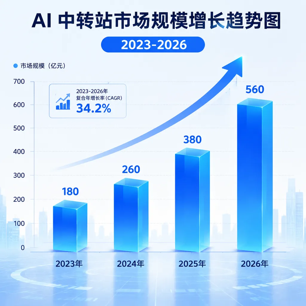 AI 中转站市场规模增长趋势图,2023-2026