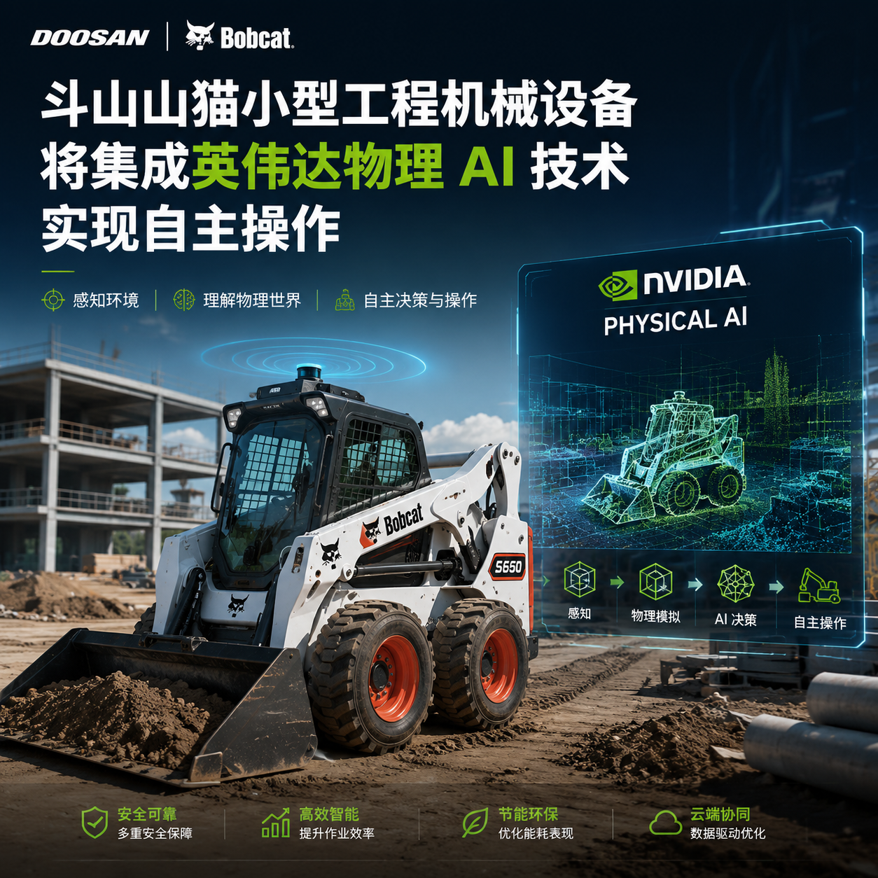 斗山山猫小型工程机械设备将集成英伟达物理 AI 技术实现自主操作