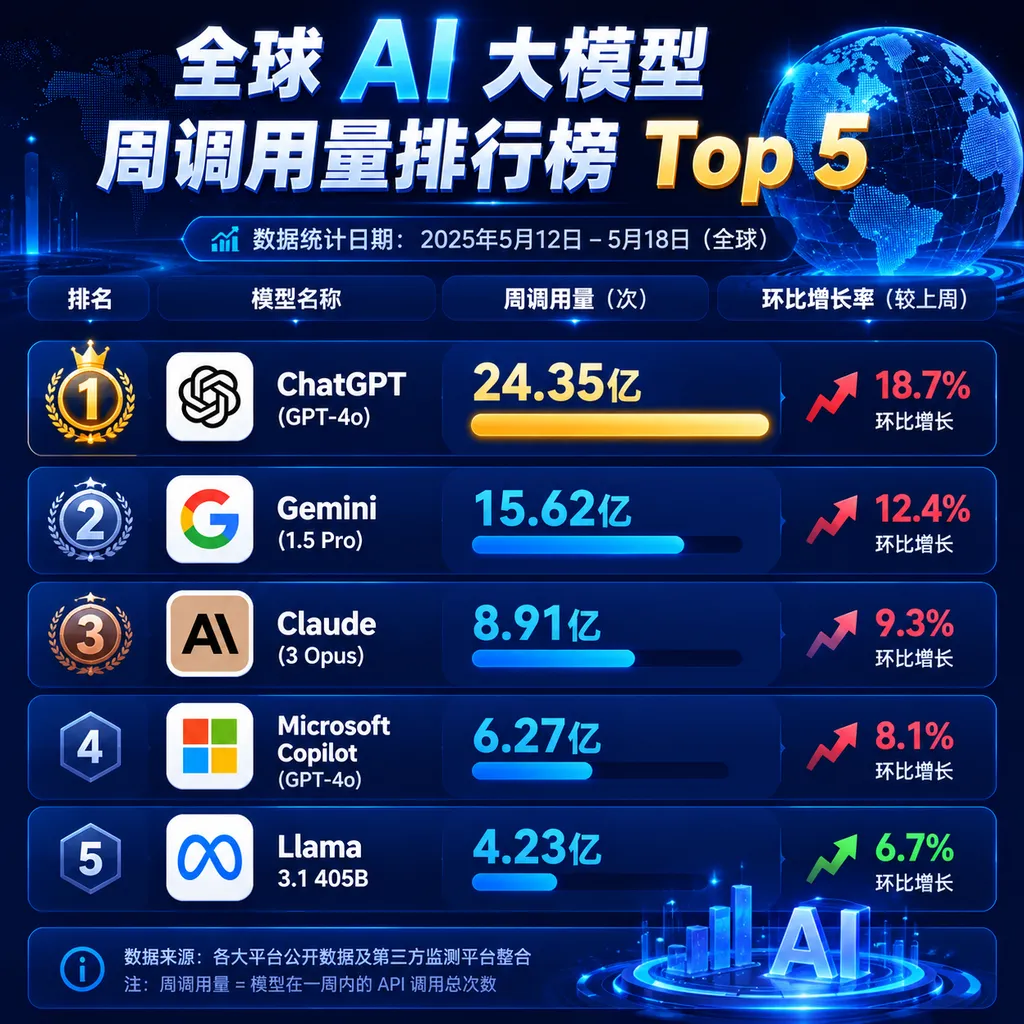 全球 AI 大模型周调用量排行榜 Top 5,标注各模型调用量和环比增长率