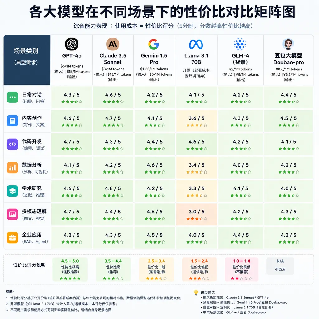 各大模型在不同场景下的性价比对比矩阵图