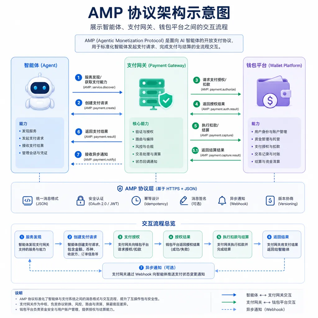 AMP协议架构示意图,展示智能体、支付网关、钱包平台之间的交互流程