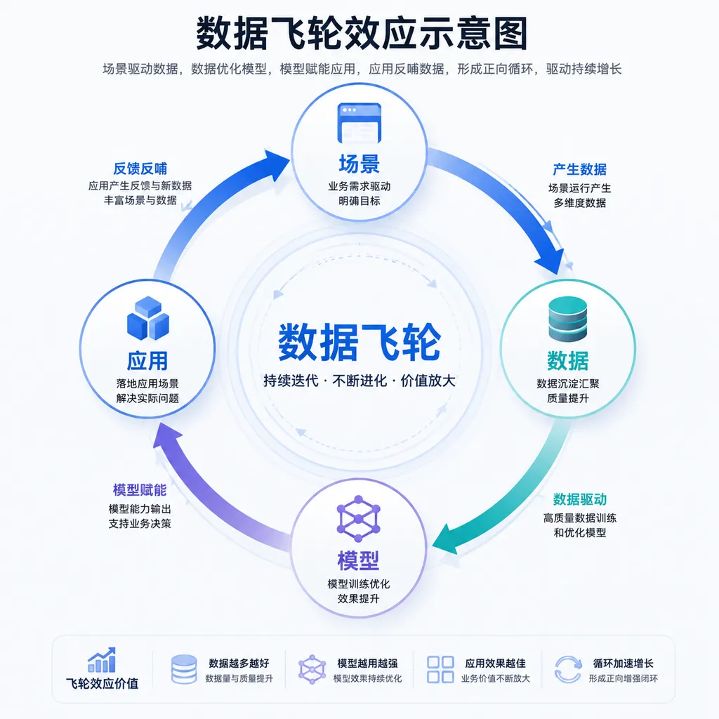 数据飞轮效应示意图,展示场景-数据-模型-应用的循环