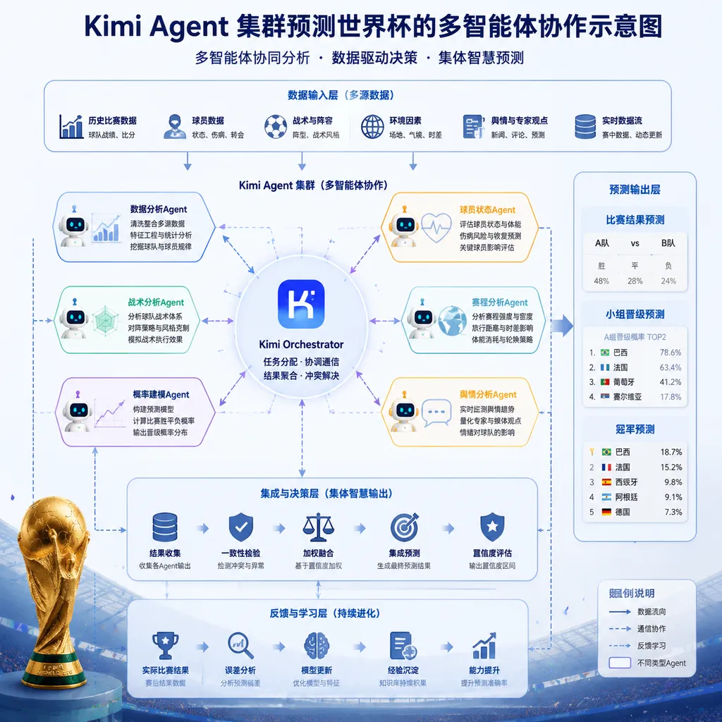 Kimi Agent 集群预测世界杯的多智能体协作示意图