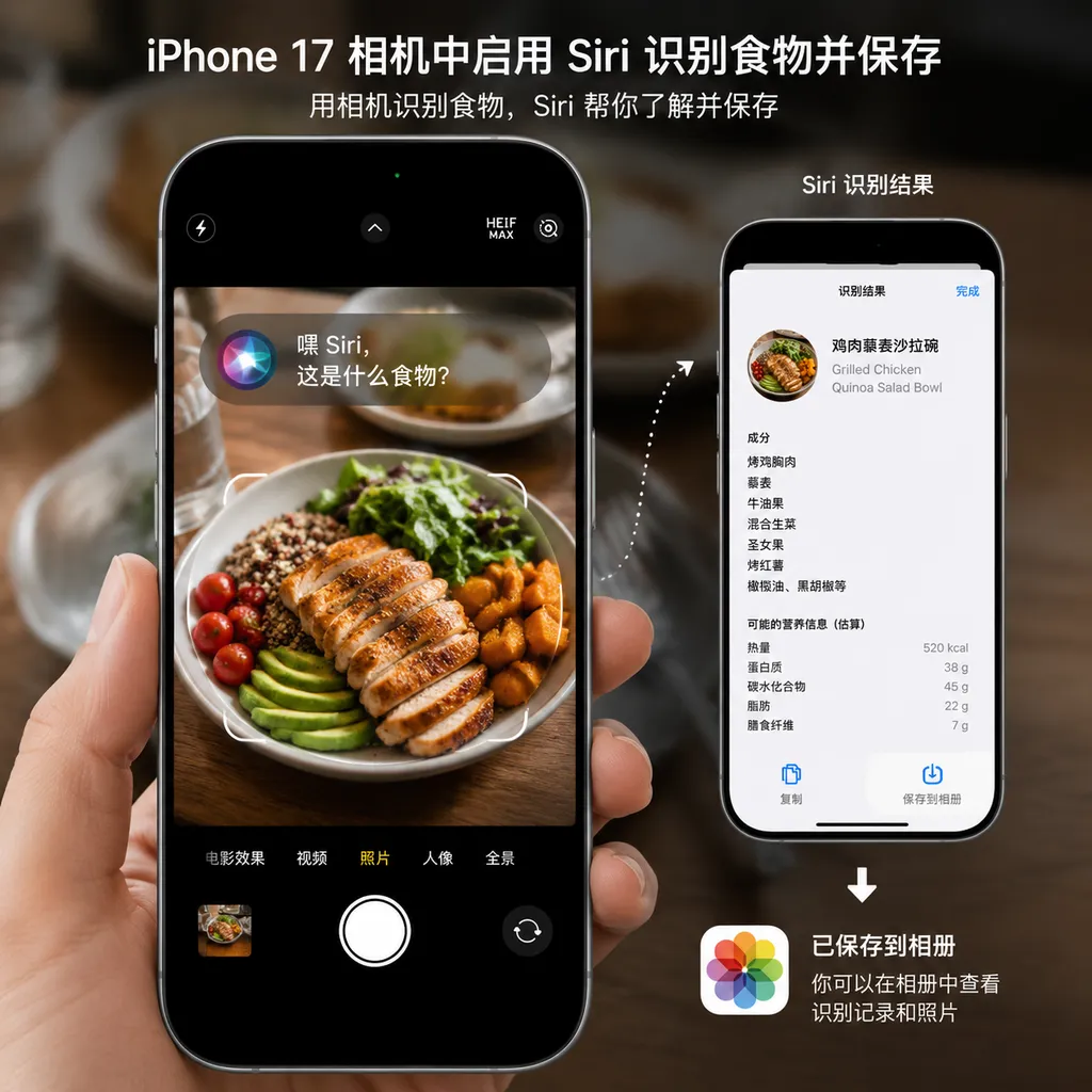 iPhone 17 相机中启用 Siri 识别食物并保存的演示画面