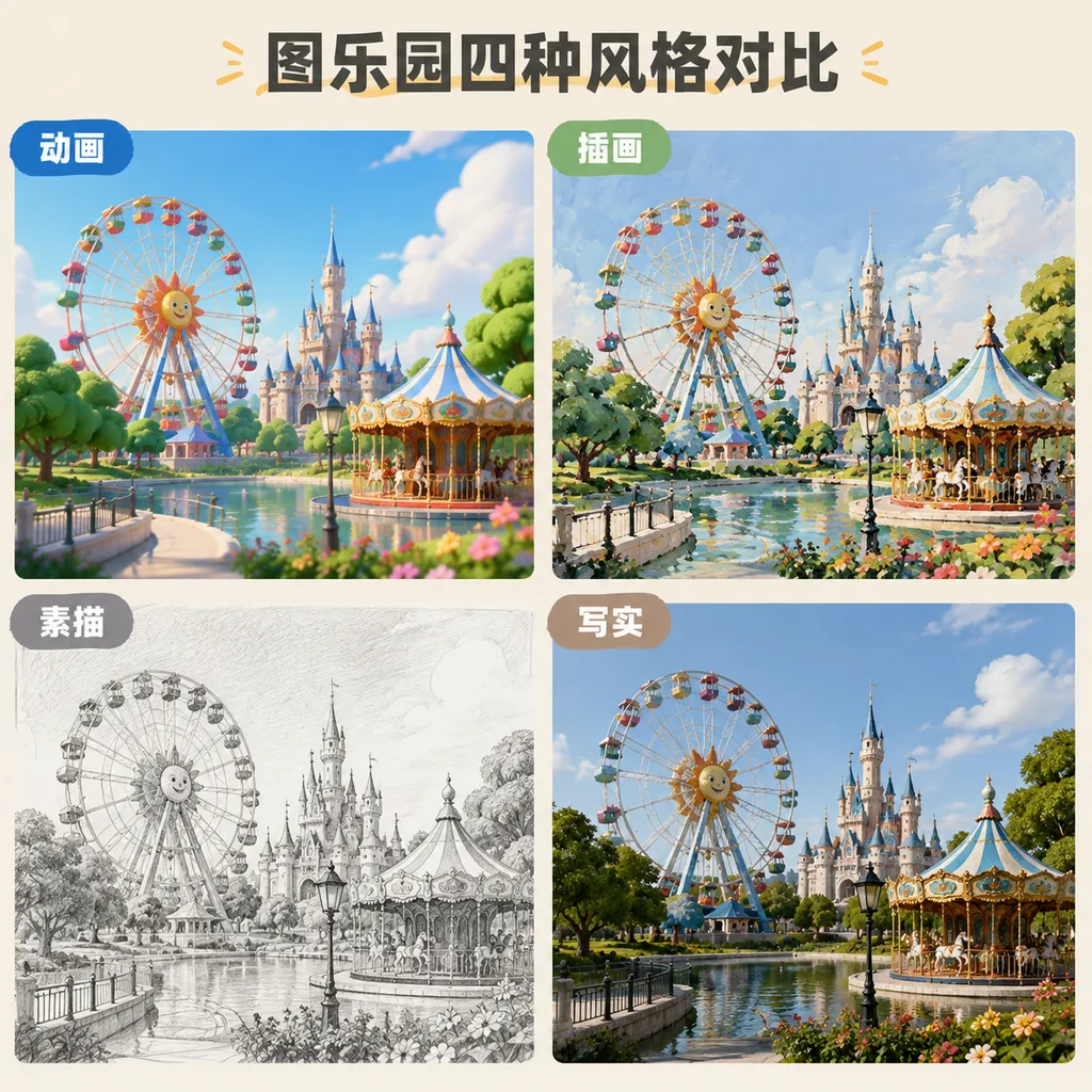 图乐园四种风格对比:动画、插画、素描、写实