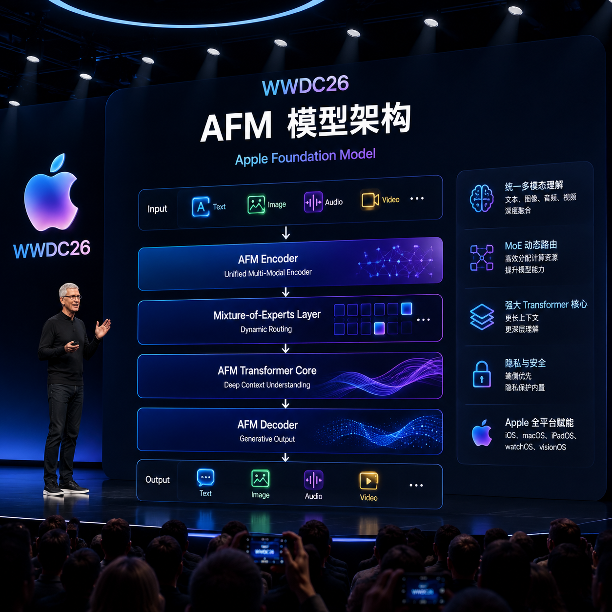 WWDC26 主题演讲现场,苹果展示 AFM 模型架构示意图