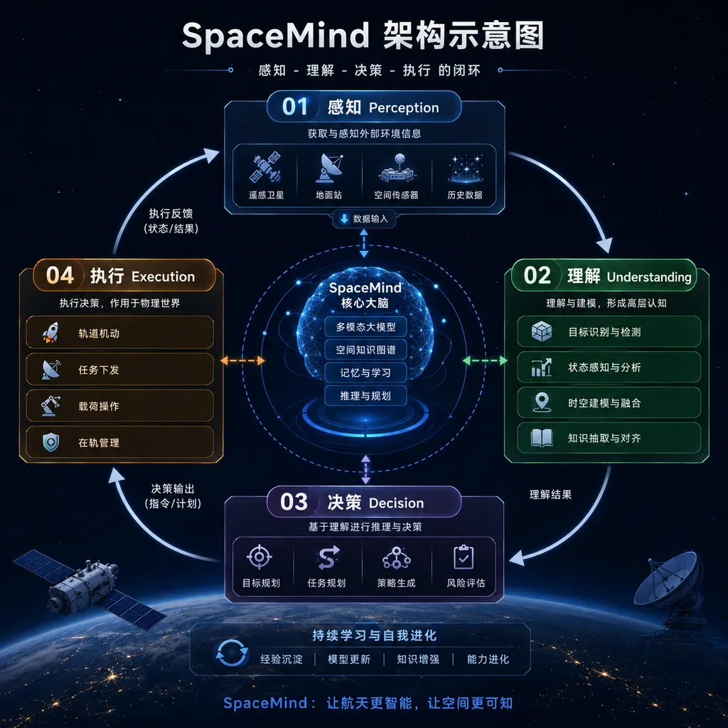 SpaceMind架构示意图,展示感知-理解-决策-执行的闭环