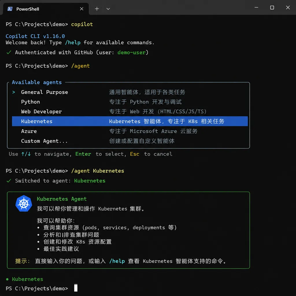 Copilot CLI 中通过 /agent 命令切换 Kubernetes 智能体的终端截图