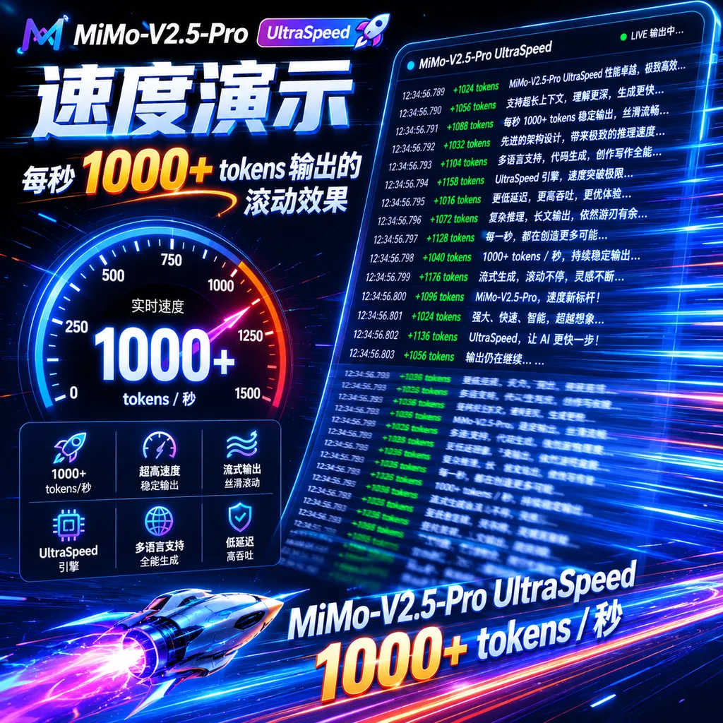 MiMo-V2.5-Pro UltraSpeed 速度演示,每秒1000+ tokens输出的滚动效果