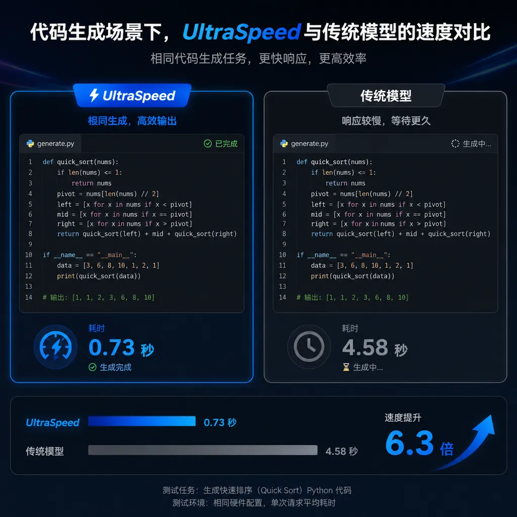 代码生成场景下,UltraSpeed与传统模型的速度对比示意