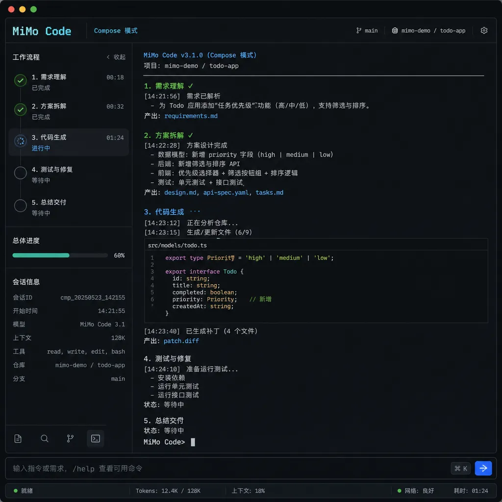 MiMo Code 终端界面截图,展示 Compose 模式下的多步骤编码流程