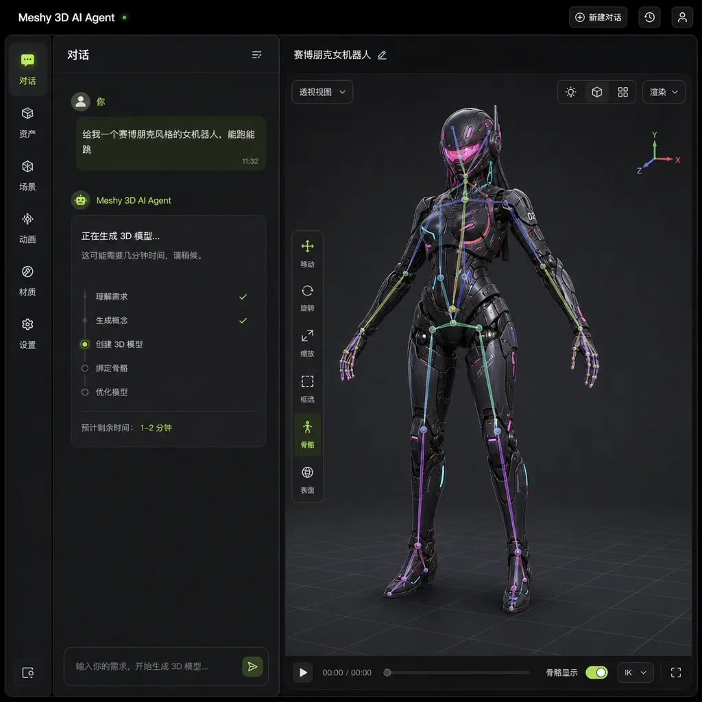 Meshy 3D AI Agent 对话界面截图,左侧是用户输入“给我一个赛博朋克风格的女机器人,能跑能跳”,右侧是 Agent 实时生成的带骨骼的3D模型预览