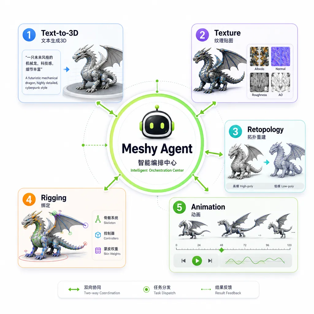 一张概念图,展示Meshy Agent作为中枢,连接着Text-to-3D、Texture、Retopology、Rigging、Animation等多个子模块