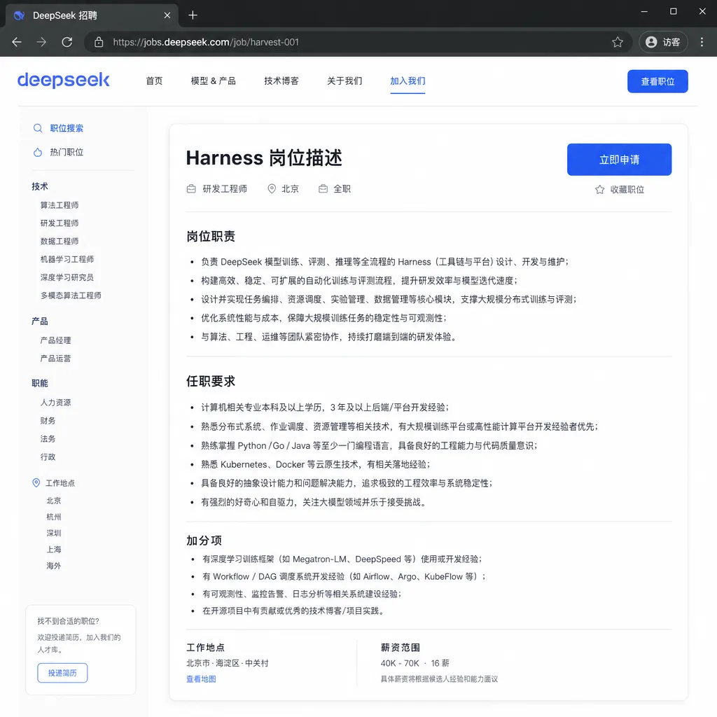 DeepSeek 招聘页面 Harness 岗位描述截图