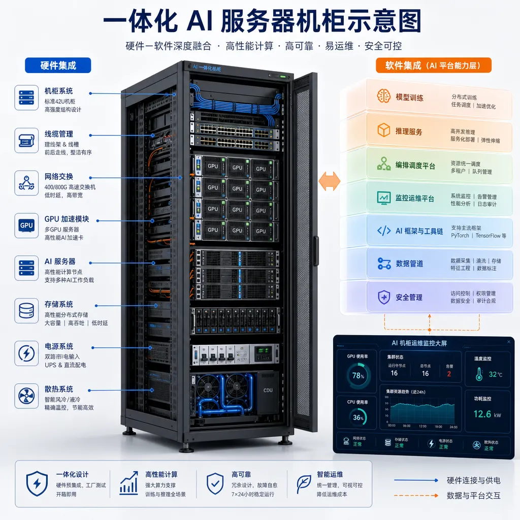 一体化 AI 服务器机柜示意图,展示硬件软件整合形态