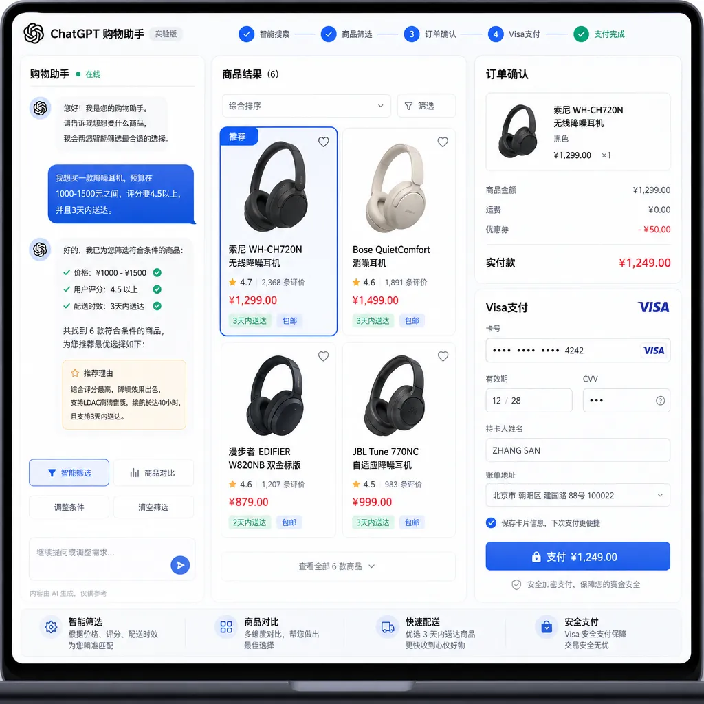 ChatGPT购物界面演示,AI智能体筛选商品并完成Visa支付的全流程