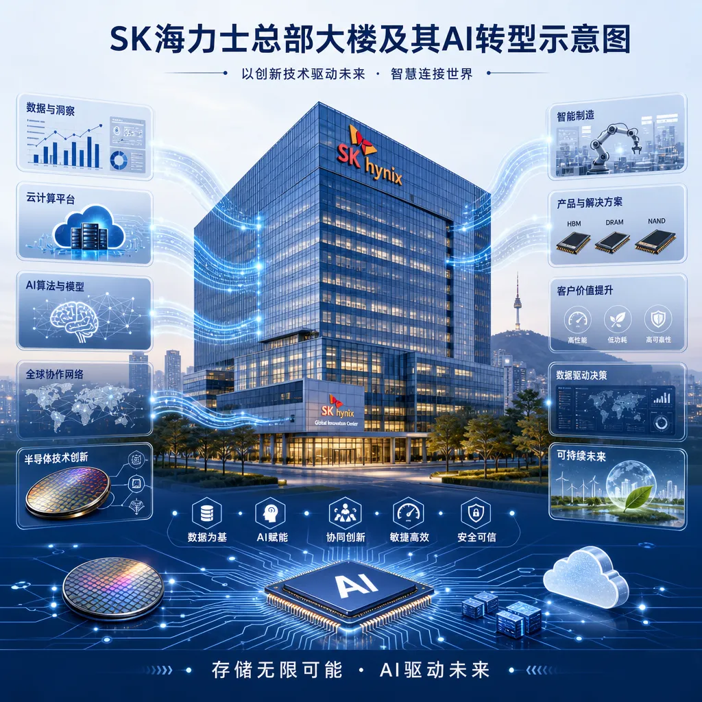 SK海力士总部大楼及其AI转型示意图