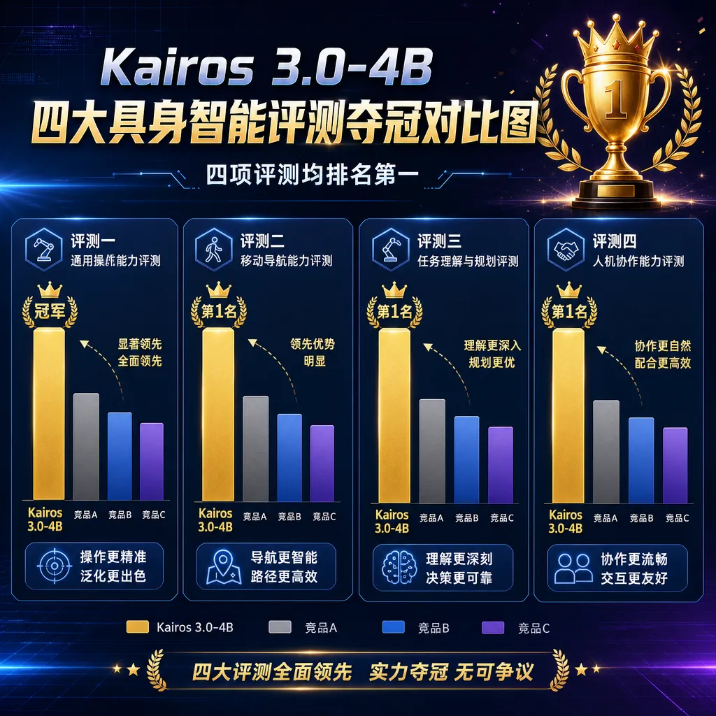 Kairos 3.0-4B 在四大具身智能评测中夺冠的成绩对比图