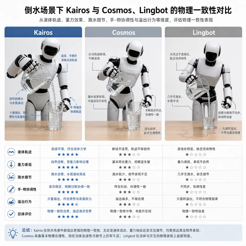 倒水场景下 Kairos 与 Cosmos、Lingbot 的物理一致性对比