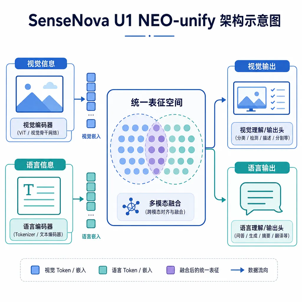 SenseNova U1 NEO-unify 架构示意图,展示统一表征空间如何同时处理视觉与语言信息