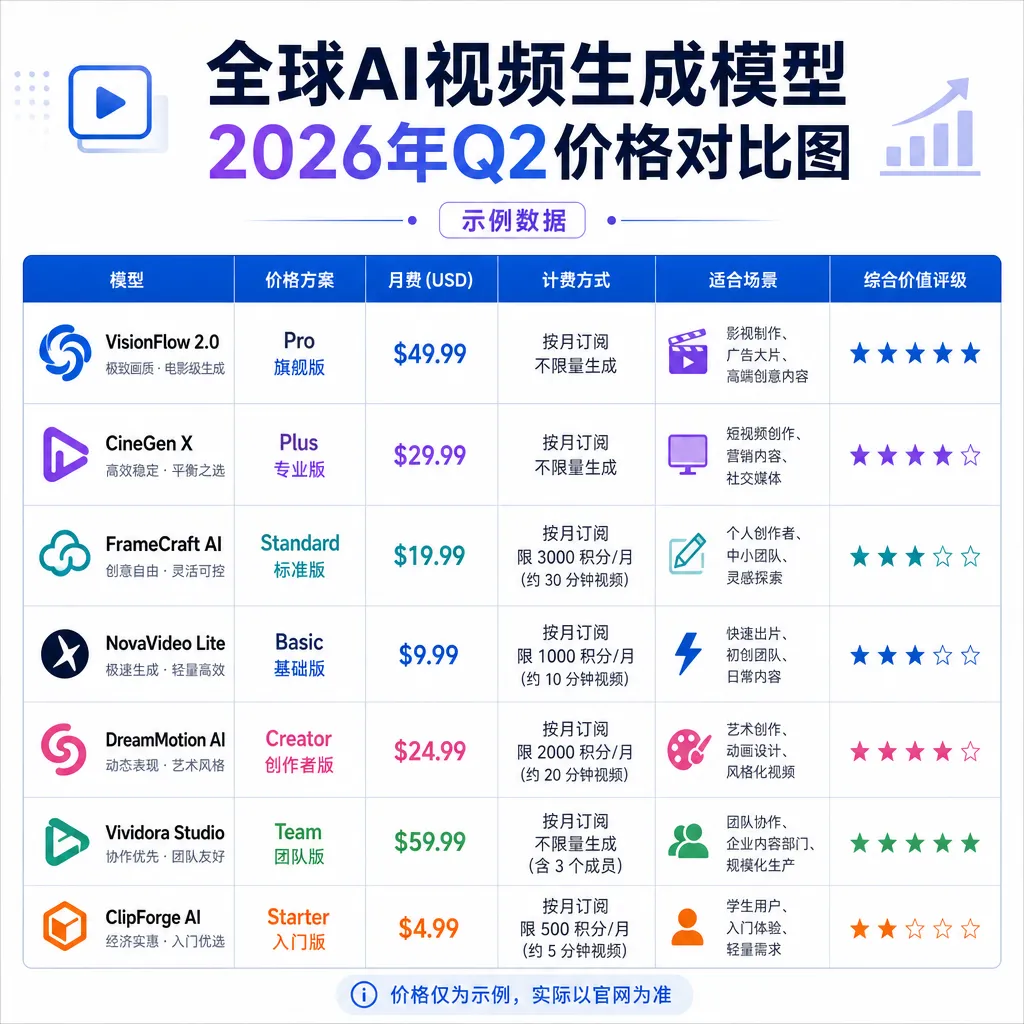 全球AI视频生成模型2026年Q2价格对比图