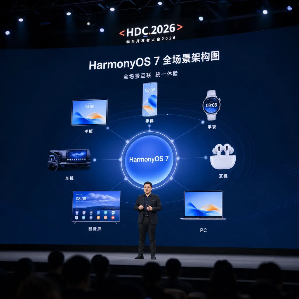 余承东在 HDC 2026 主舞台展示 HarmonyOS 7 全场景架构图