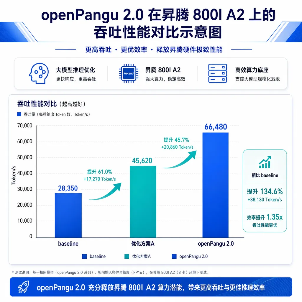 openPangu 2.0 在昇腾 800I A2 上的吞吐性能对比示意图