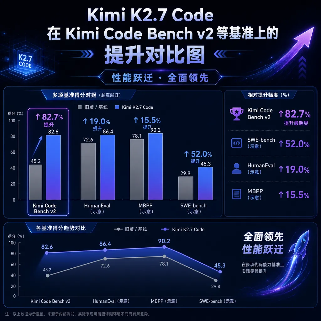 Kimi K2.7 Code 在 Kimi Code Bench v2 等基准上的提升对比图