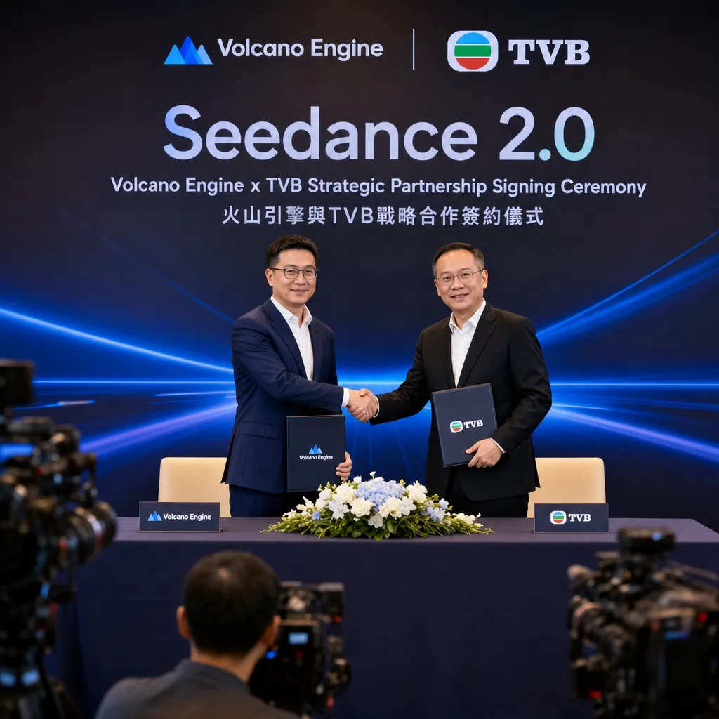 火山引擎与TVB合作签约现场,背景为Seedance 2.0 logo