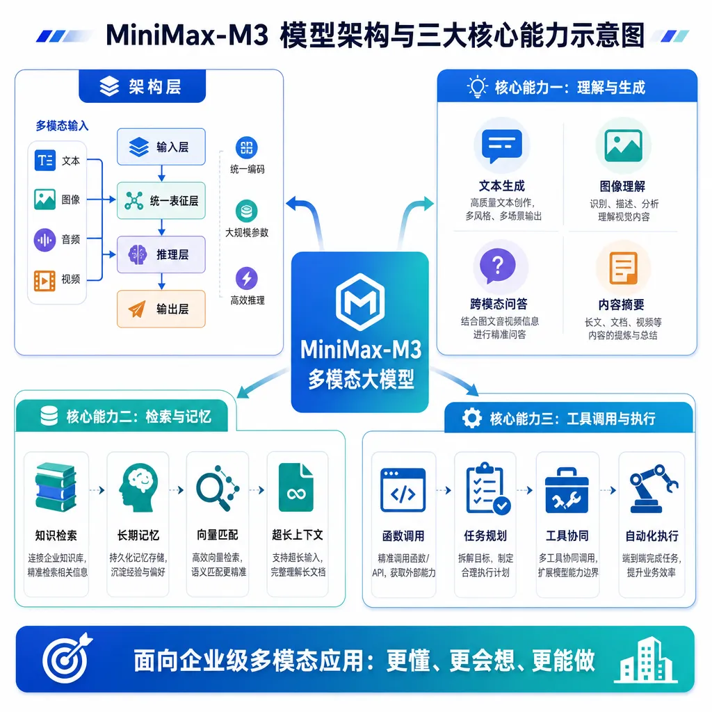 MiniMax-M3 模型架构与三大核心能力示意图