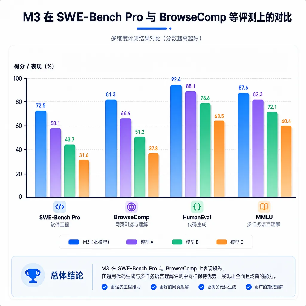 M3 在 SWE-Bench Pro 与 BrowseComp 等评测上的对比柱状图