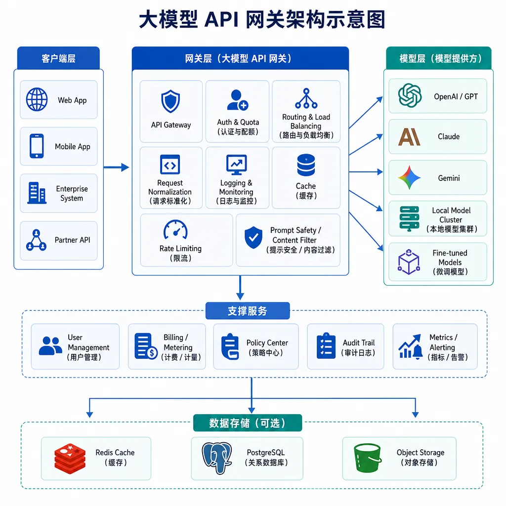 大模型 API 网关架构示意图