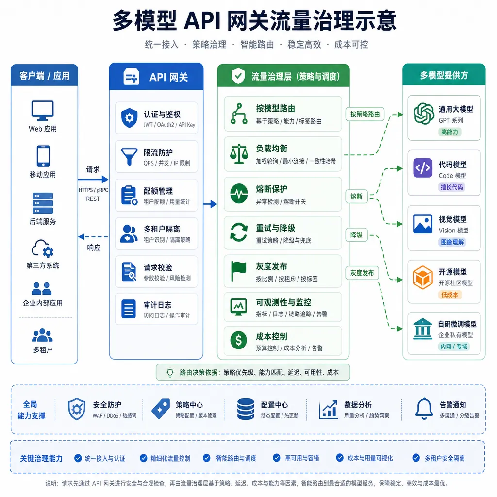 多模型 API 网关流量治理示意