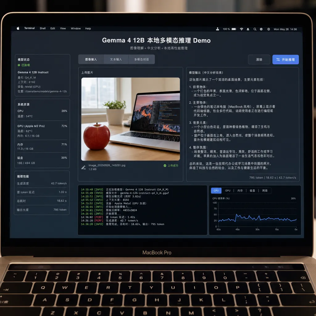 Gemma 4 12B 在 MacBook 上本地运行多模态推理的演示截图