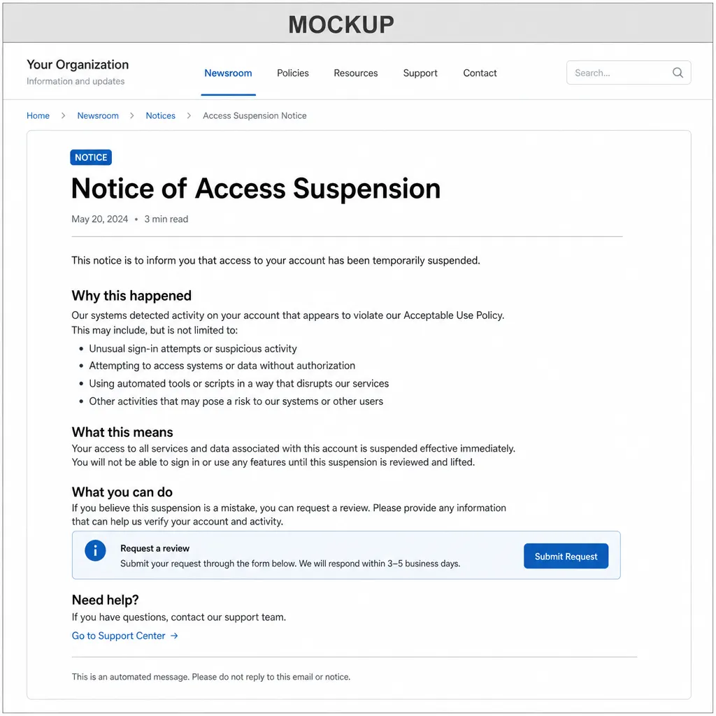 Anthropic 官网声明截图,US Government directive to suspend access to Fable 5 and Mythos 5