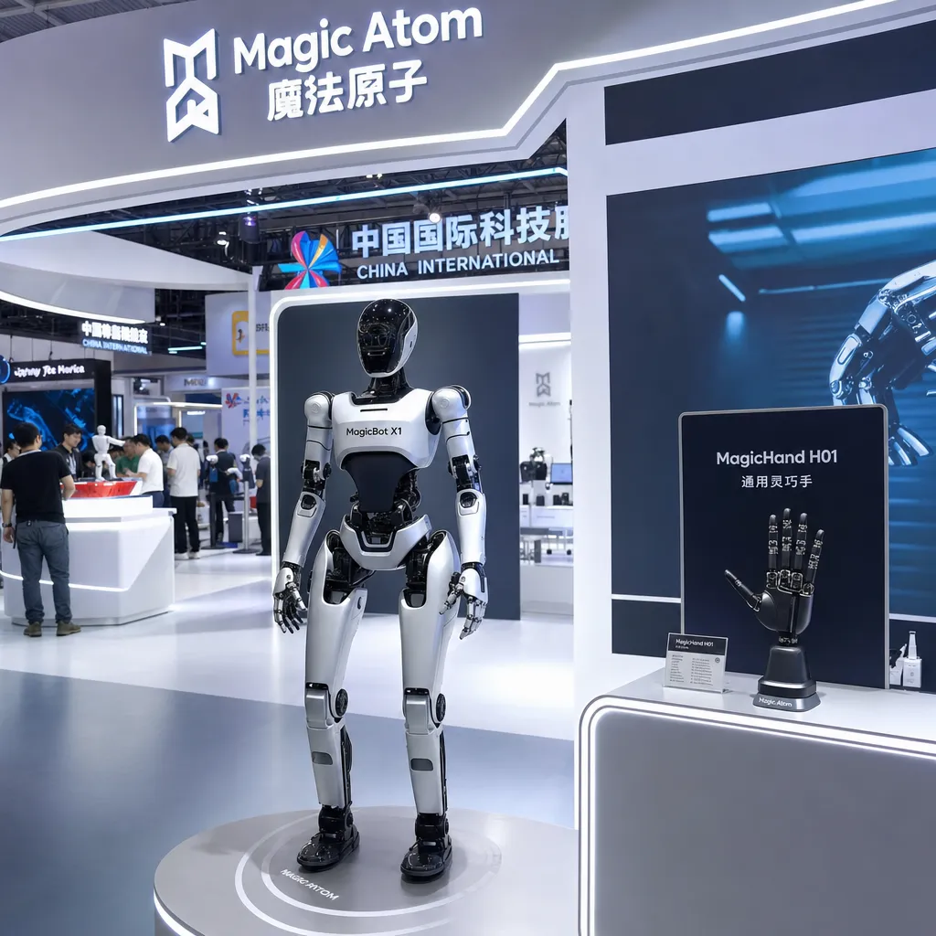 魔法原子在 CSITF 展台上展示人形机器人 MagicBot X1 与灵巧手 MagicHand H01