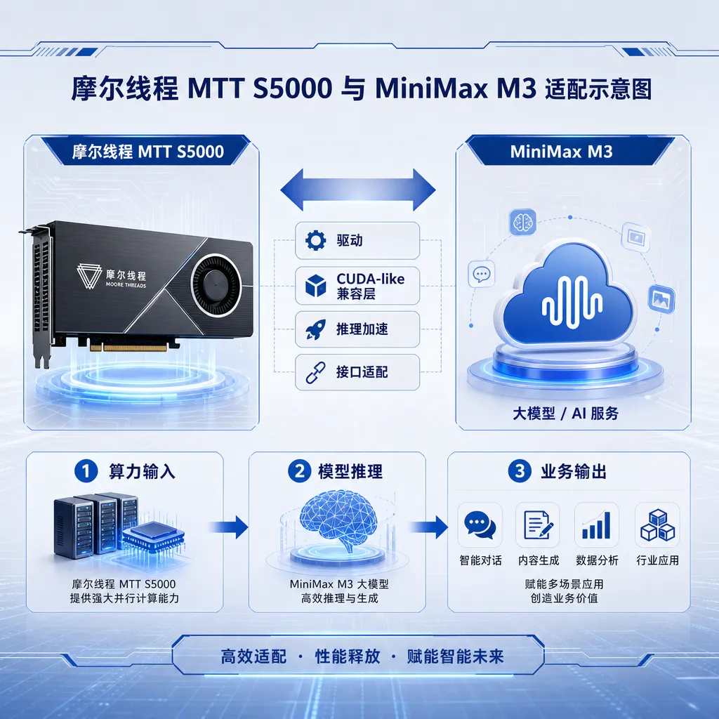摩尔线程 MTT S5000 与 MiniMax M3 适配示意图