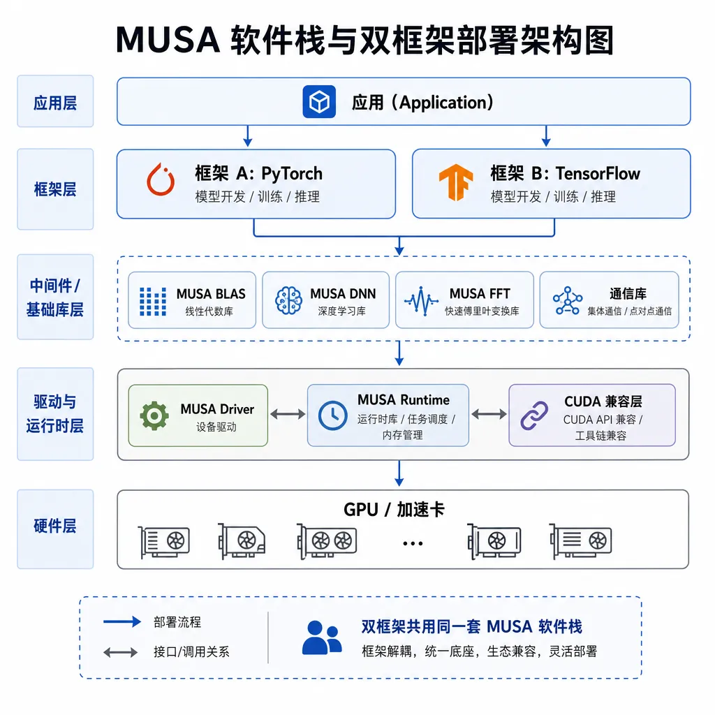 MUSA 软件栈与双框架部署架构图