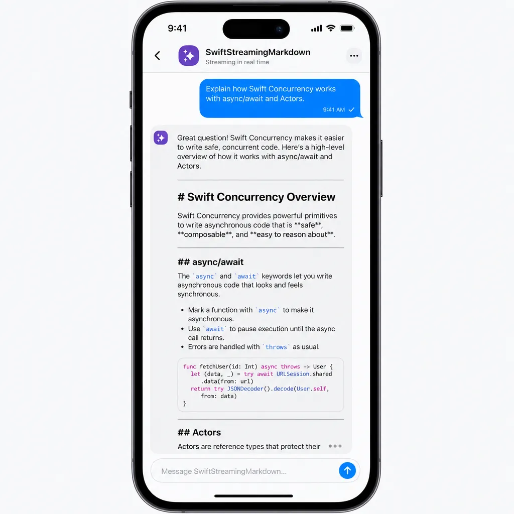 SwiftStreamingMarkdown 在 iOS 聊天界面中流式渲染长回答的演示