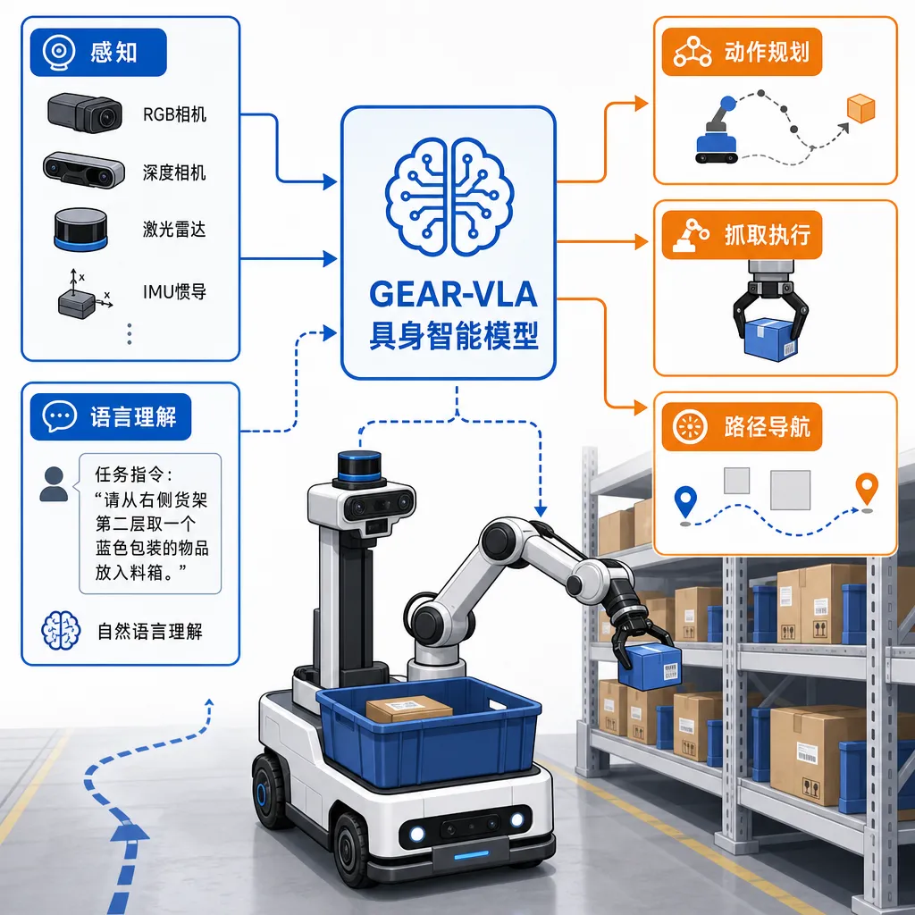 GEAR-VLA具身智能模型驱动的物流拣选机器人示意图