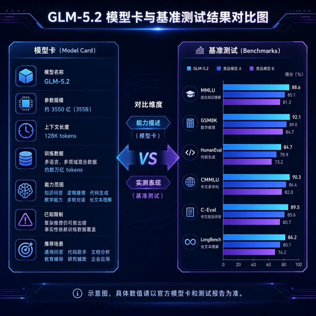 GLM-5.2 模型卡与基准测试结果对比图
