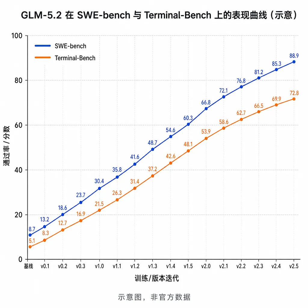 GLM-5.2 在 SWE-bench 与 Terminal-Bench 上的表现曲线