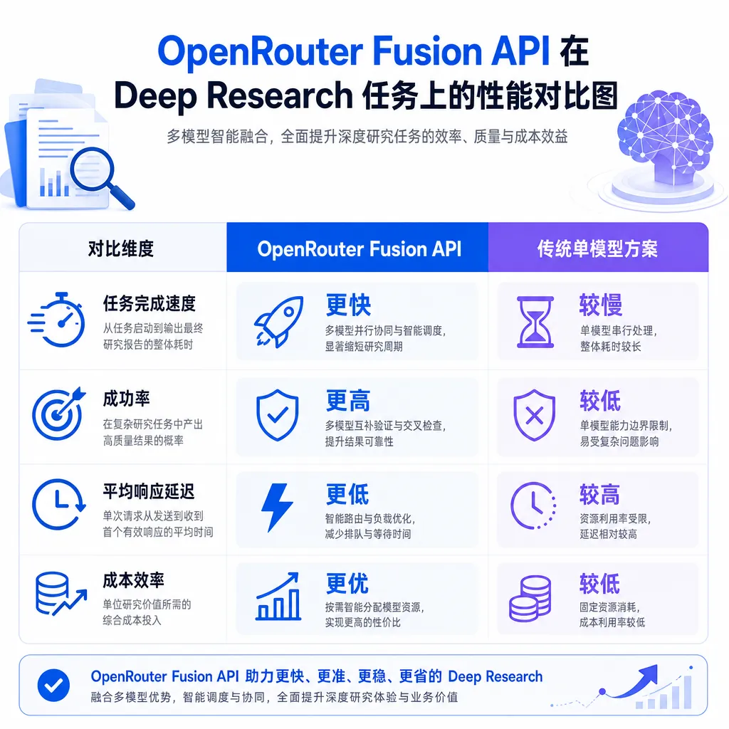 OpenRouter Fusion API 在 Deep Research 任务上的性能对比图