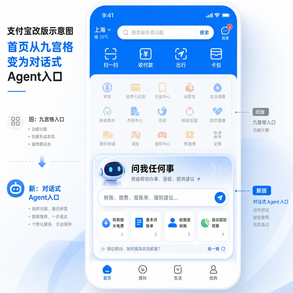 支付宝改版示意图——首页从九宫格变为对话式Agent入口
